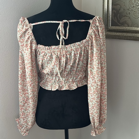 Mable Floral print bubble sleeves Crop top peasant cottage Boho blouse Sz M - Picture 4 of 9